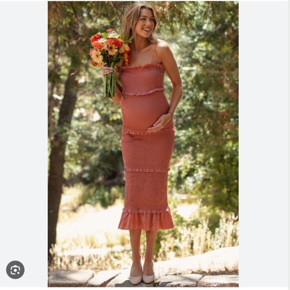 Mable Satin Smocked Fitted Ruffled Midi Dress Mauve Size Small - Picture 5 of 13